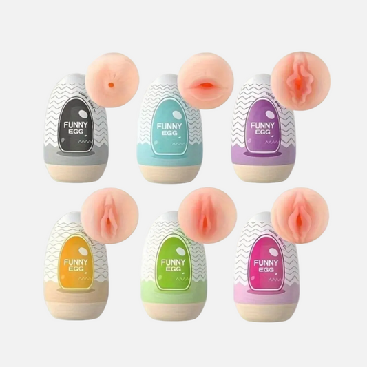 Set of colorful 'Funny Egg' products with different colored labels on a white background