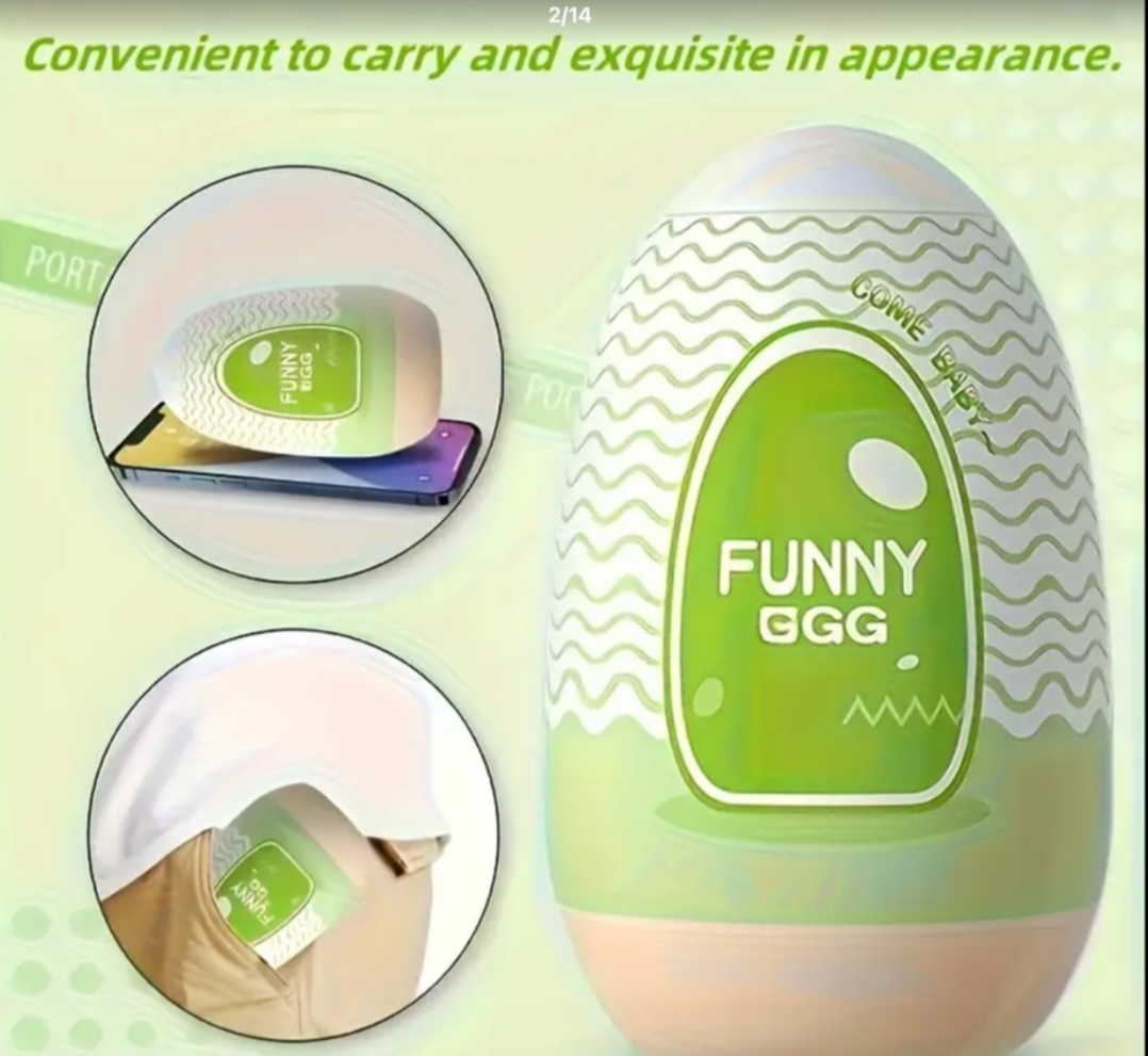 Green 'Funny Egg' product with text on a light green background