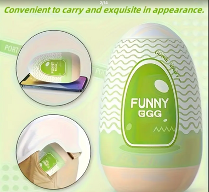 Green 'Funny Egg' product with text on a light green background
