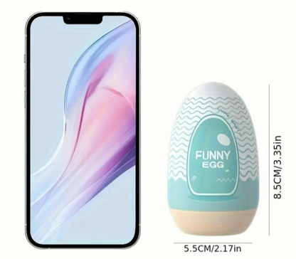Smartphone next to a 'Funny Egg' product with dimensions displayed