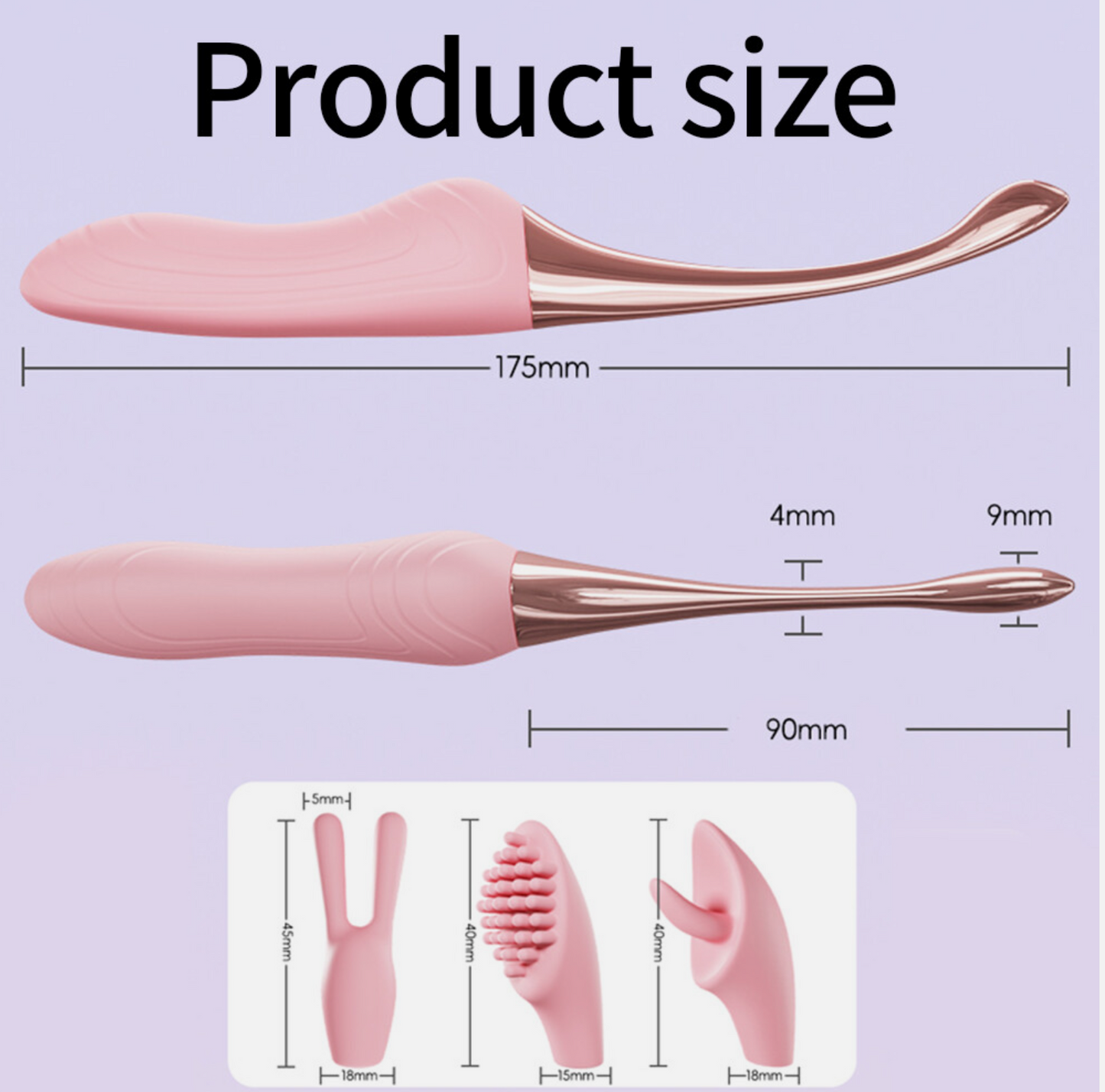Measurement chart of a pink and rose gold ear cleaning tool on a purple background