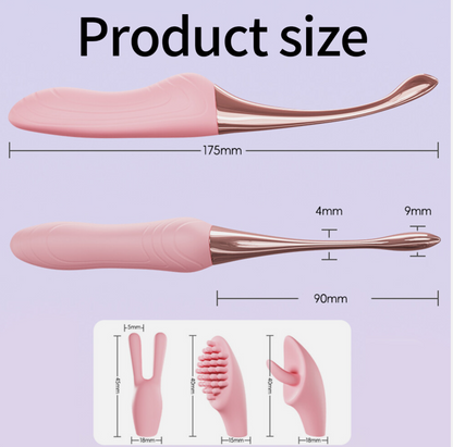 Measurement chart of a pink and rose gold ear cleaning tool on a purple background