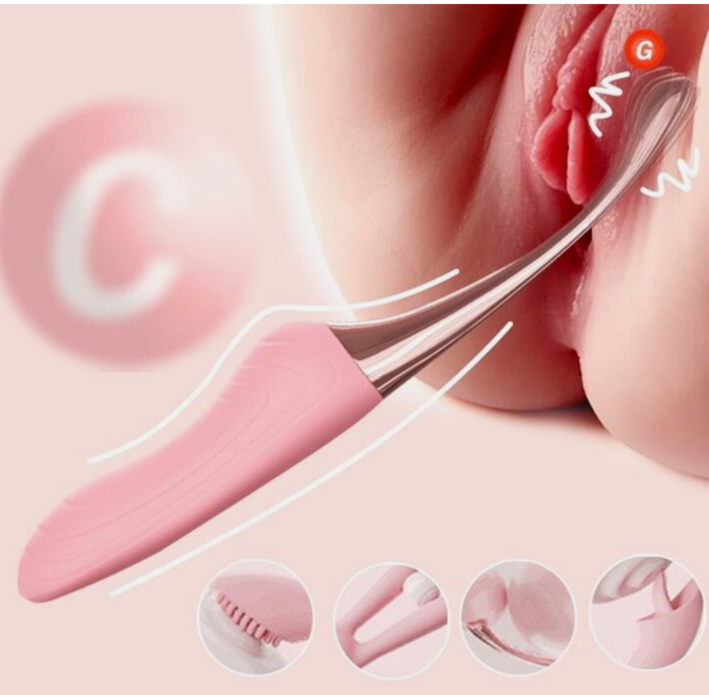 Pink ear cleaning tool with close-up of ear canal on a pink background