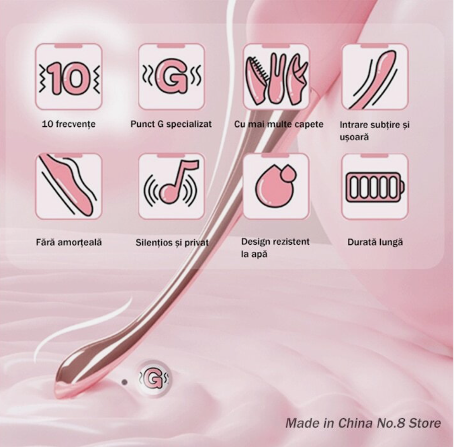 Product features with icons and text on a pink background