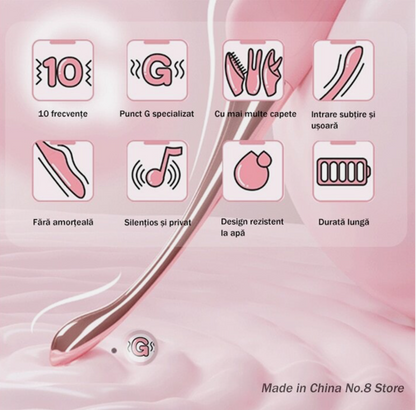 Product features with icons and text on a pink background
