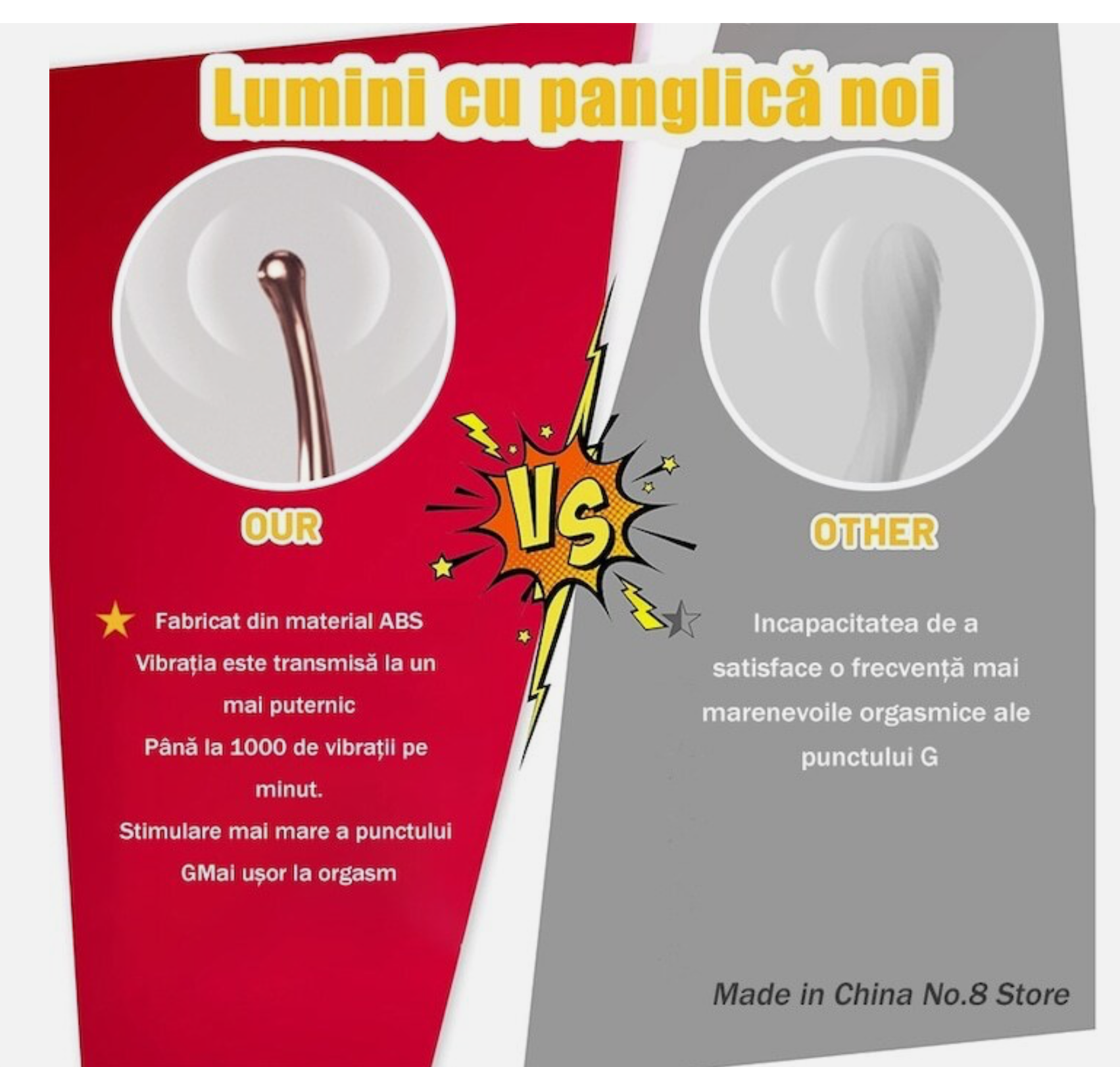 Comparison advertisement between 'OUR' and 'OTHER' products with text and graphics on a red and gray background.