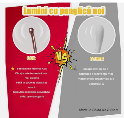 Comparison advertisement between 'OUR' and 'OTHER' products with text and graphics on a red and gray background.
