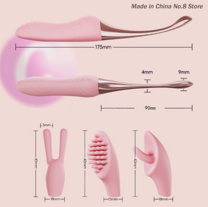 Pink skincare tool with measurements on a light pink background