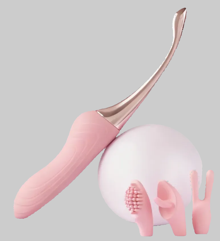 Pink and rose gold skincare tool on a gray background