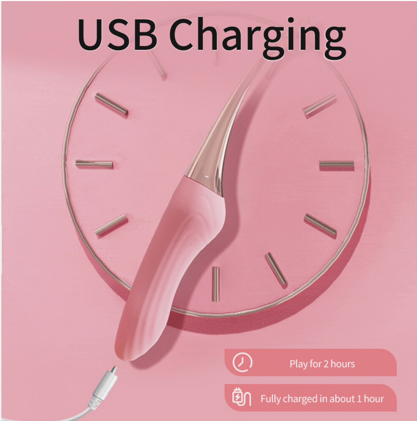 Pink electronic device with USB cable on a pink background, labeled 'USB Charging'.