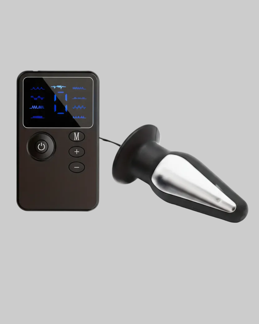 Black electronic device with digital display and a metallic probe on a gray background