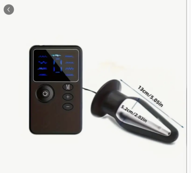 Black electronic device with a digital display and measurement details on a white background