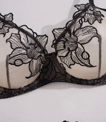 Black lace bra with floral designs on a white background