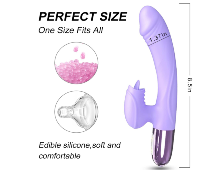 Purple silicone product with text indicating 'Perfect Size' and 'One Size Fits All'.