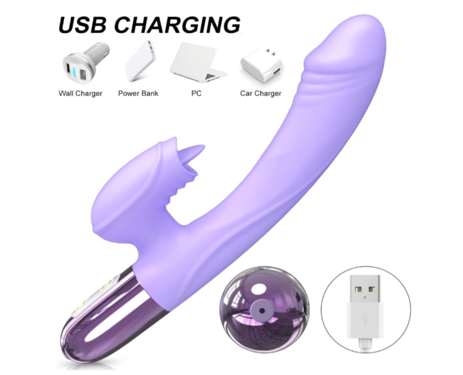 Purple toy with USB charging options on a white background