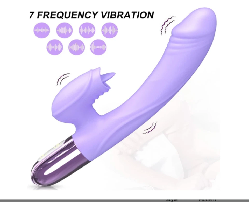 Purple female sexual arousal device with '7 Frequency Vibration' text and icons on a white background.