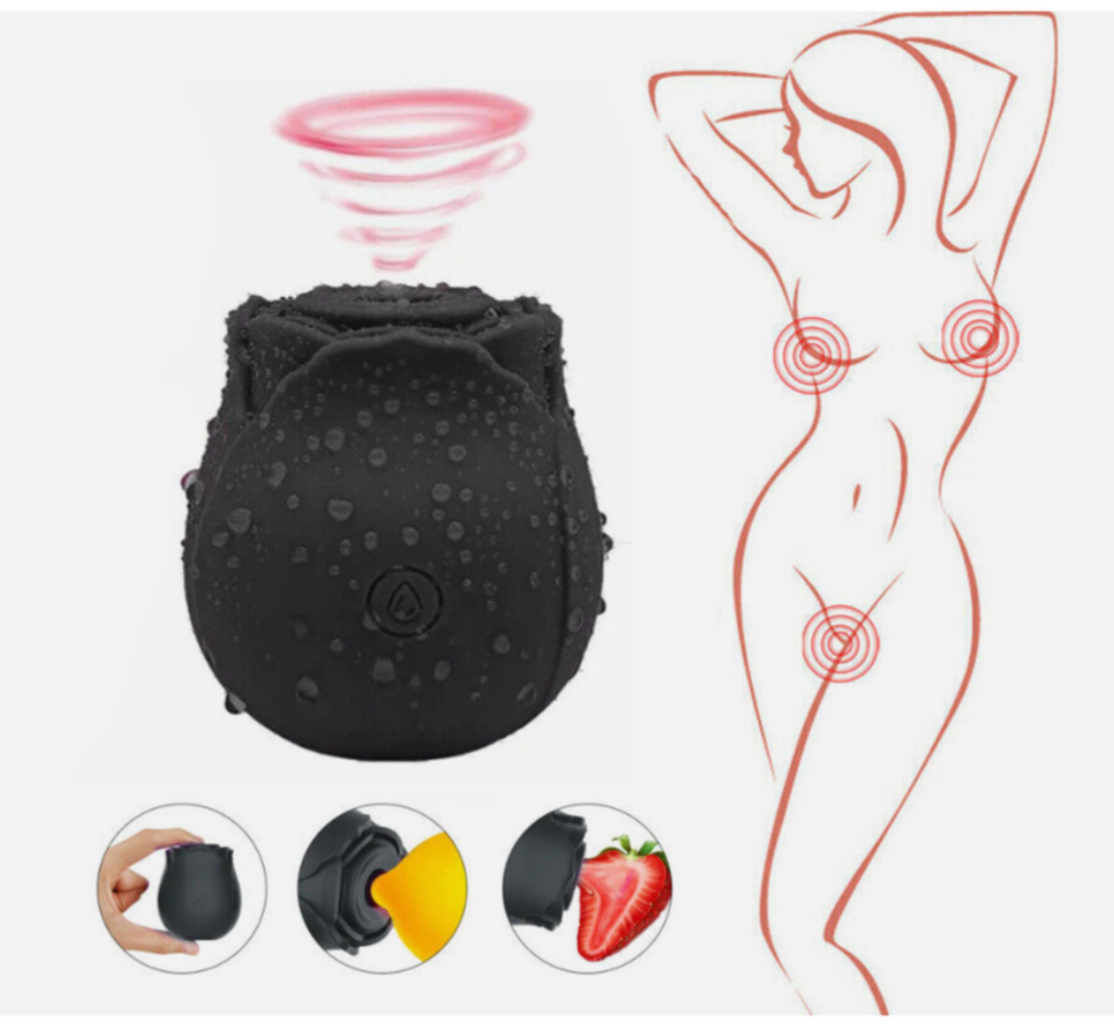 Black silicone product with a woman's body outline and strawberry illustration on a white background