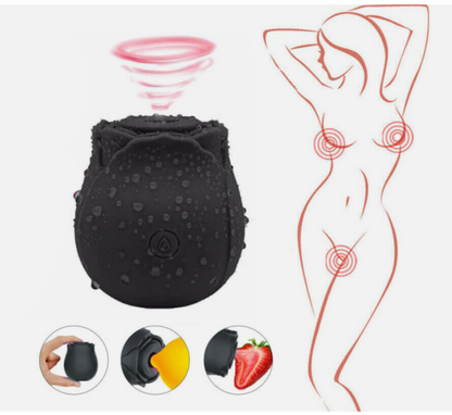 Black silicone product with a woman's body outline and strawberry illustration on a white background