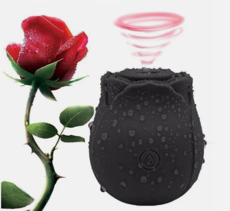 Black rose-shaped device with a red rose on a white background