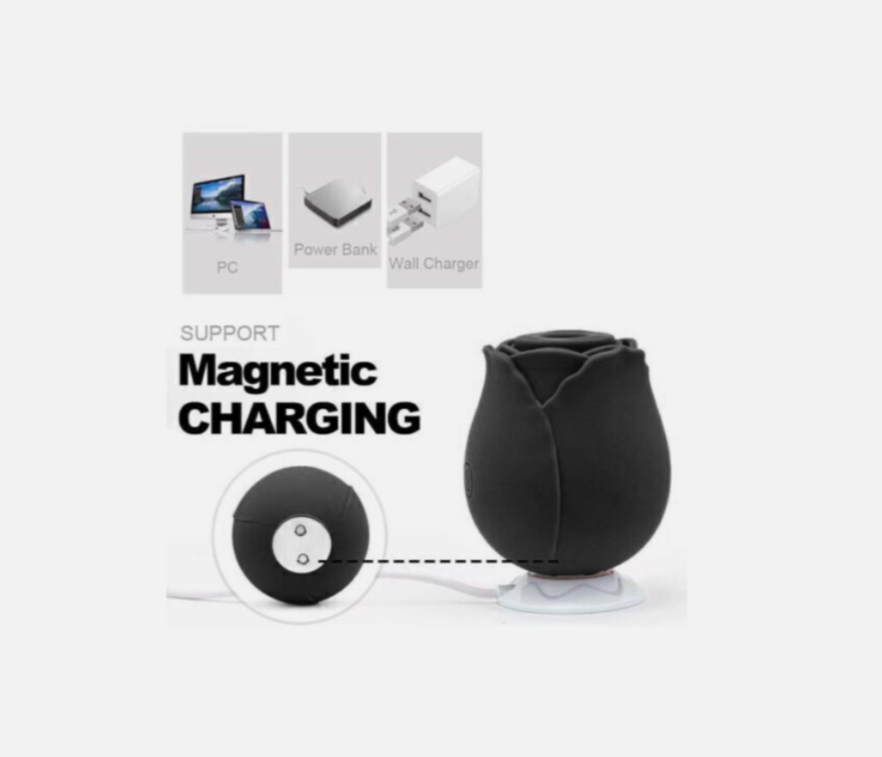 Black magnetic charging device with text on a white background