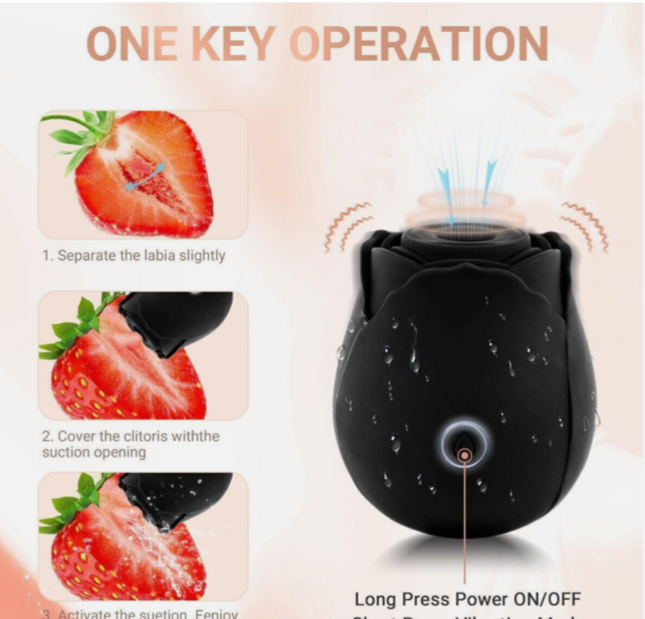 Black suction device with instructions on how to use it, featuring images of strawberries.