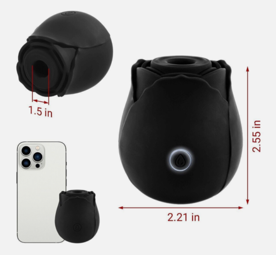 Black silicone product with measurements and a smartphone for scale on a white background