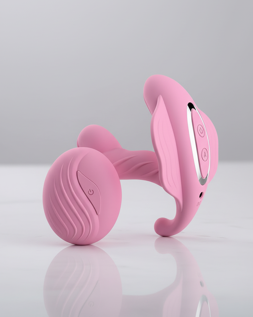 Pink handheld electronic device on a reflective surface with a light gray background