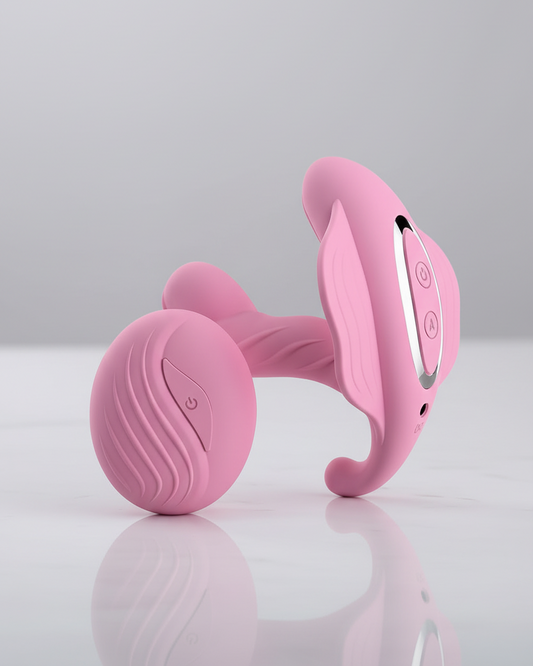 Pink handheld electronic device on a reflective surface with a light gray background