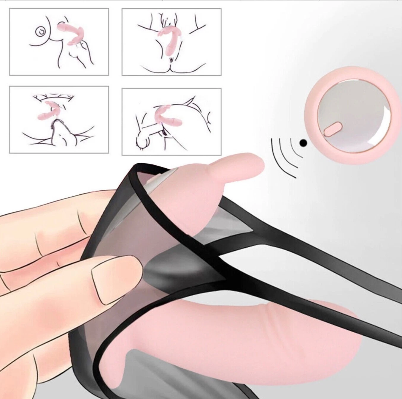 Black mesh underwear held by a hand with instructional diagrams in the background.