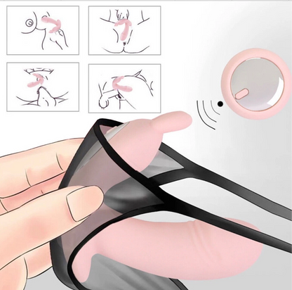 Black mesh underwear held by a hand with instructional diagrams in the background.