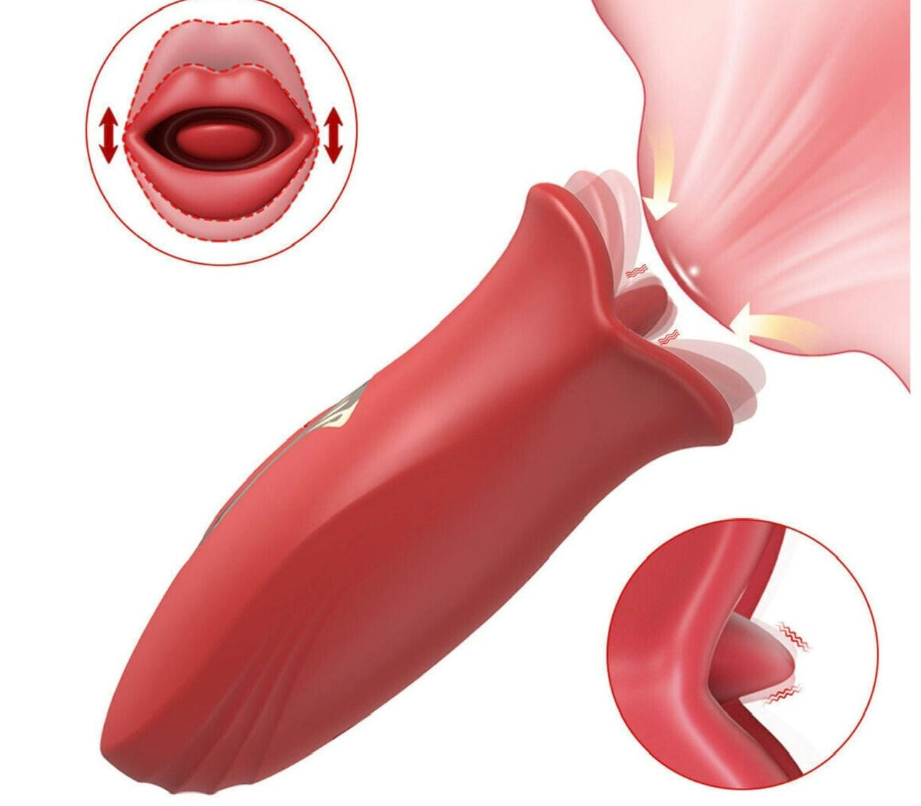 Red medical device with close-up details on a white background