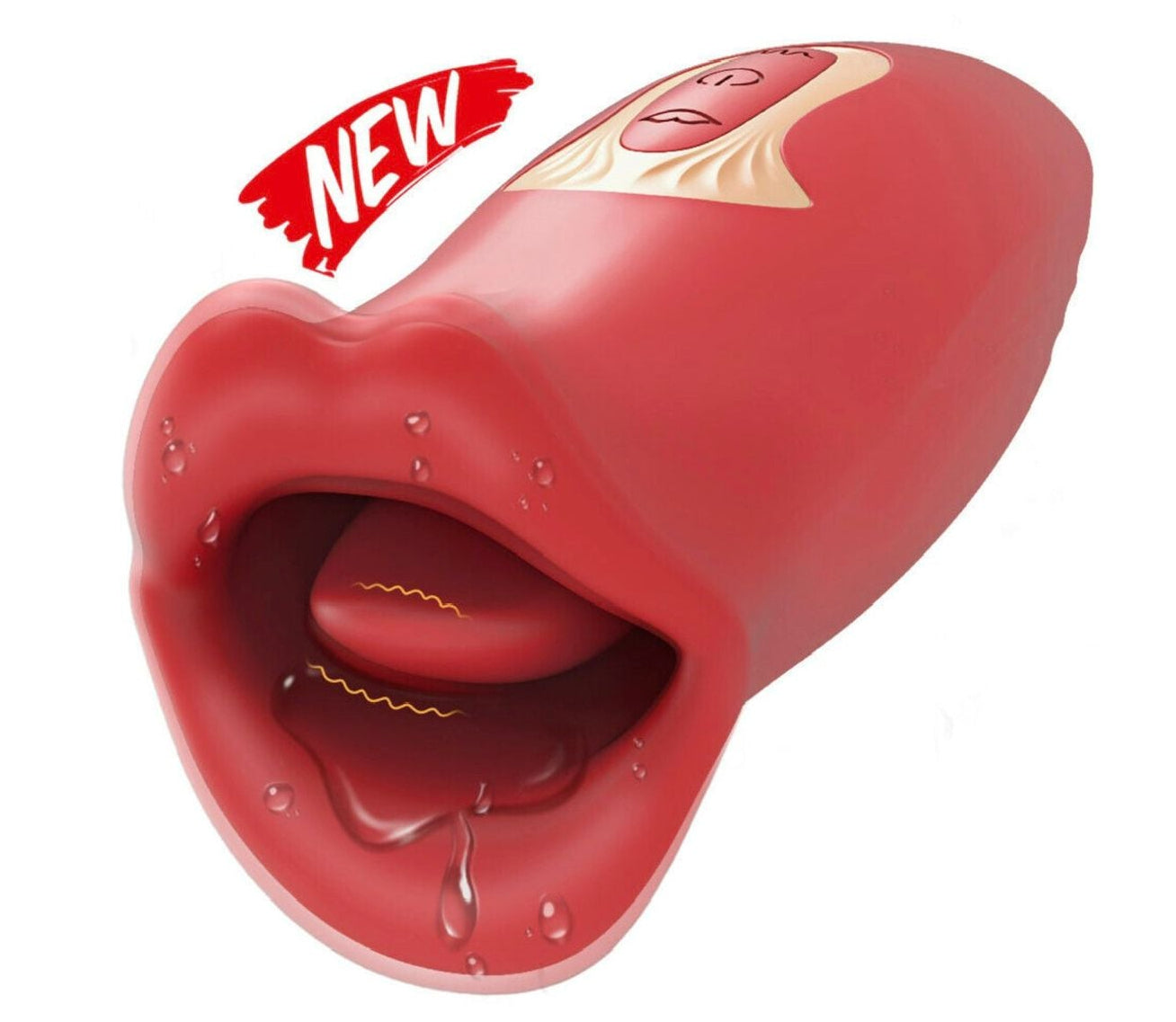 Red novelty product shaped like lips with a 'New' label above it on a white background