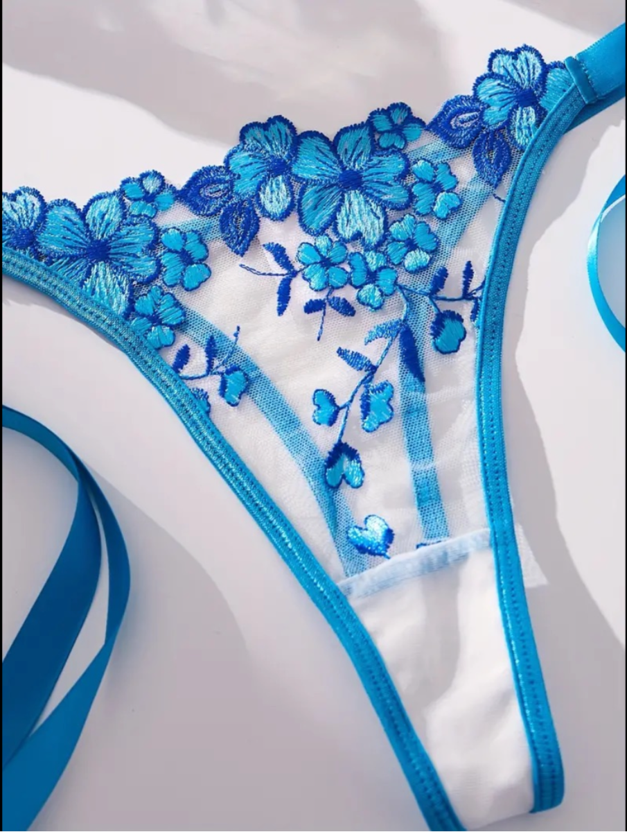Blue embroidered lingerie on a white background