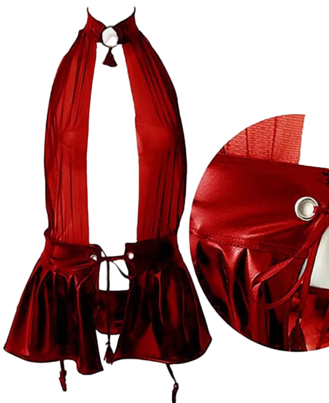 Red satin halter top with ruffled details on a white background