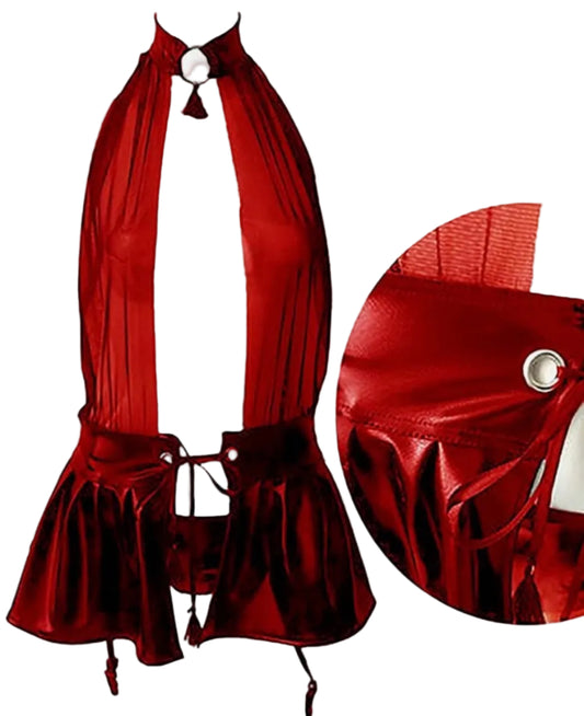 Red satin halter top with ruffled details on a white background