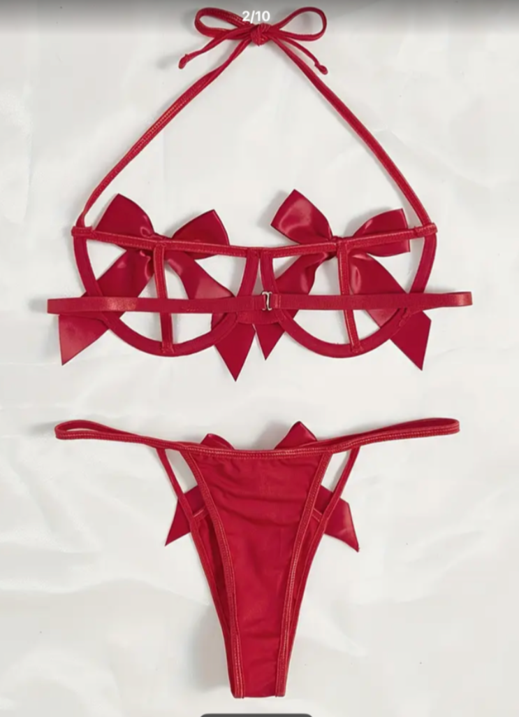 Exotic Cut-Out Bow Bra & Panty Lingerie Set UK