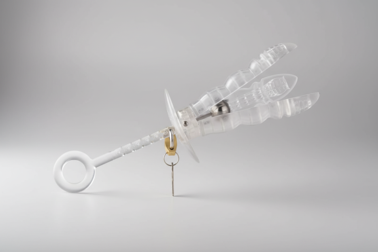 Clear dragonfly-shaped object on a gray background