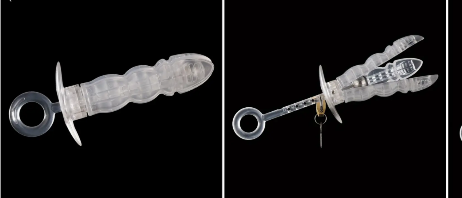 Two views of a metallic object with intricate design on a black background