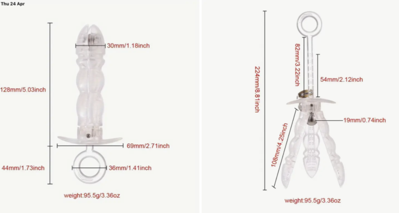 Measurement chart of a clear plastic tool with dimensions and weight indicated.