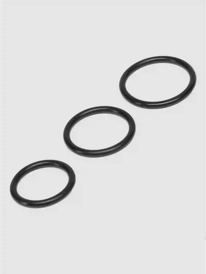 Three black o-rings on a white background