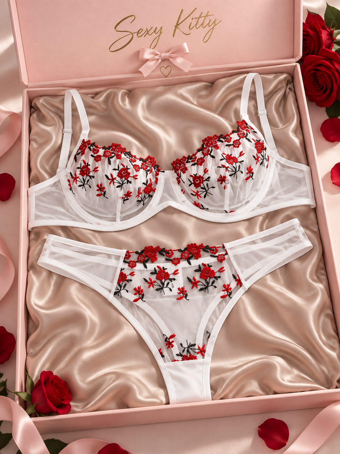 White roses lingerie set with Brazilian thong underwired bra sheer