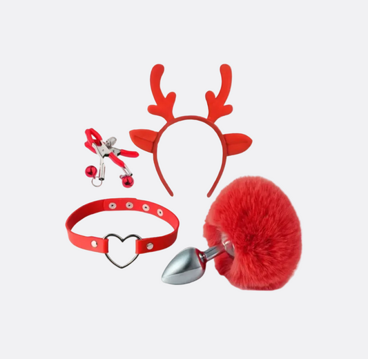 Set of red and silver accessories including a headband, choker, and bell on a white background
