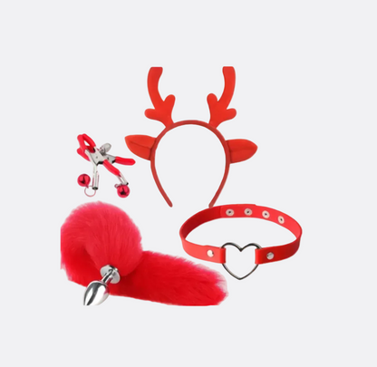 Red reindeer-themed accessory set including headband, tail, and collar on a white background