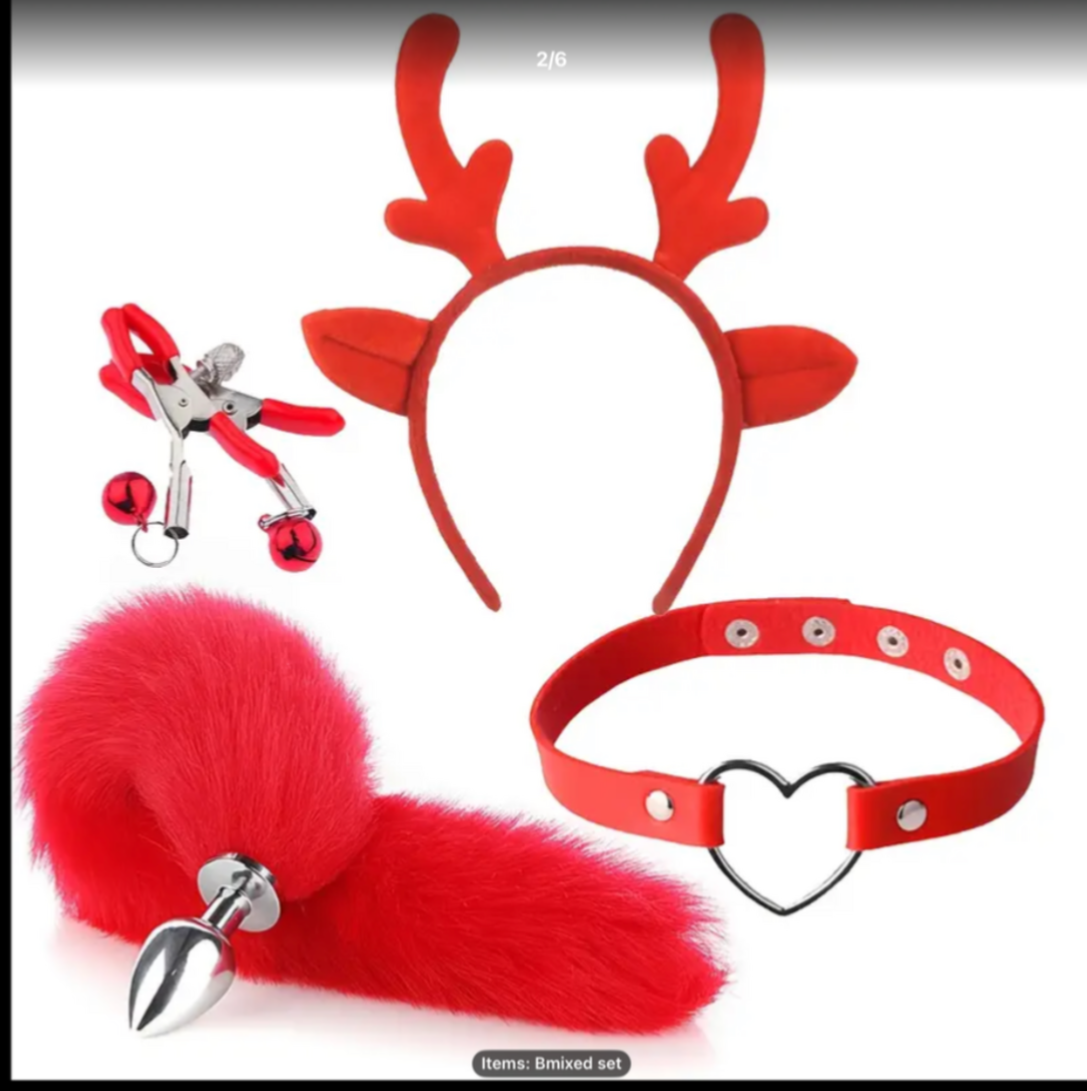 Set of red accessories including a headband, tail, and choker on a white background
