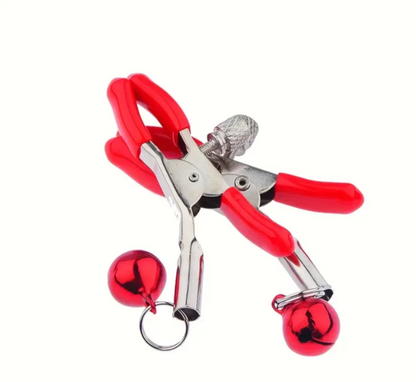 Red pliers with metal clamps on a white background