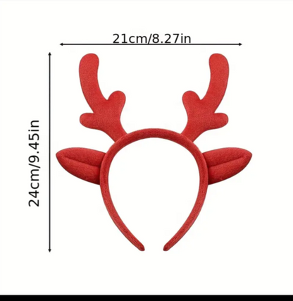 Red reindeer antlers headband with measurements on a white background