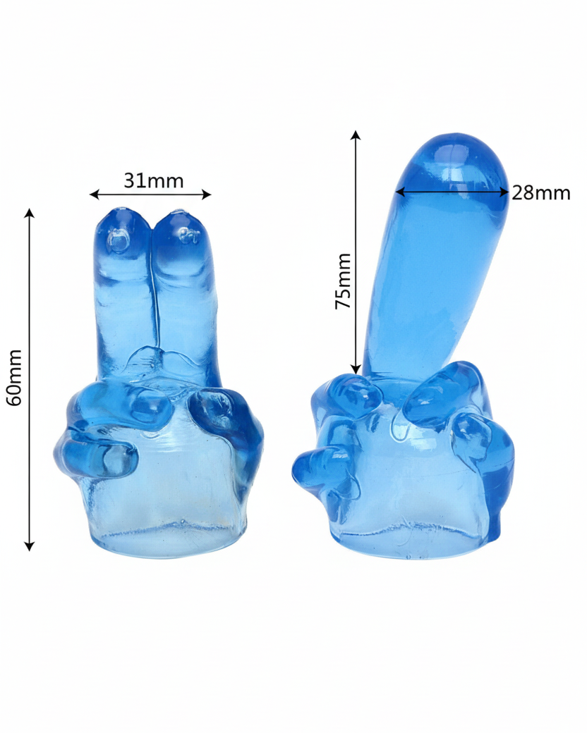 Blue plastic object with measurements on a white background