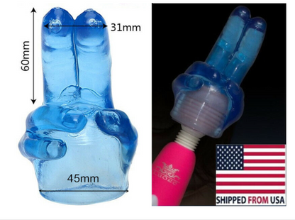 Blue plastic finger-shaped object with measurements and a pink and white tool, shipped from the USA.