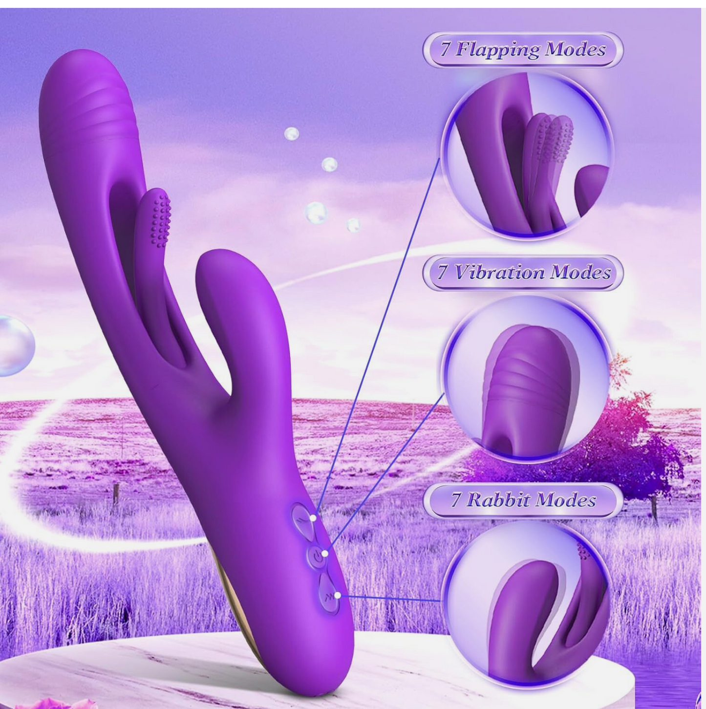 Purple sex toy with mode indicators on a purple background