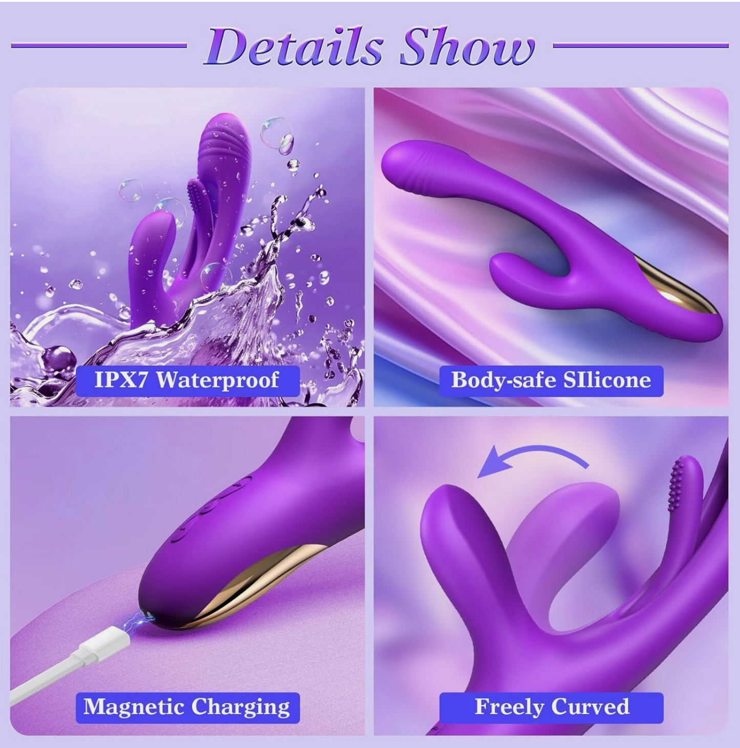 Purple silicone product with features labeled on a purple background